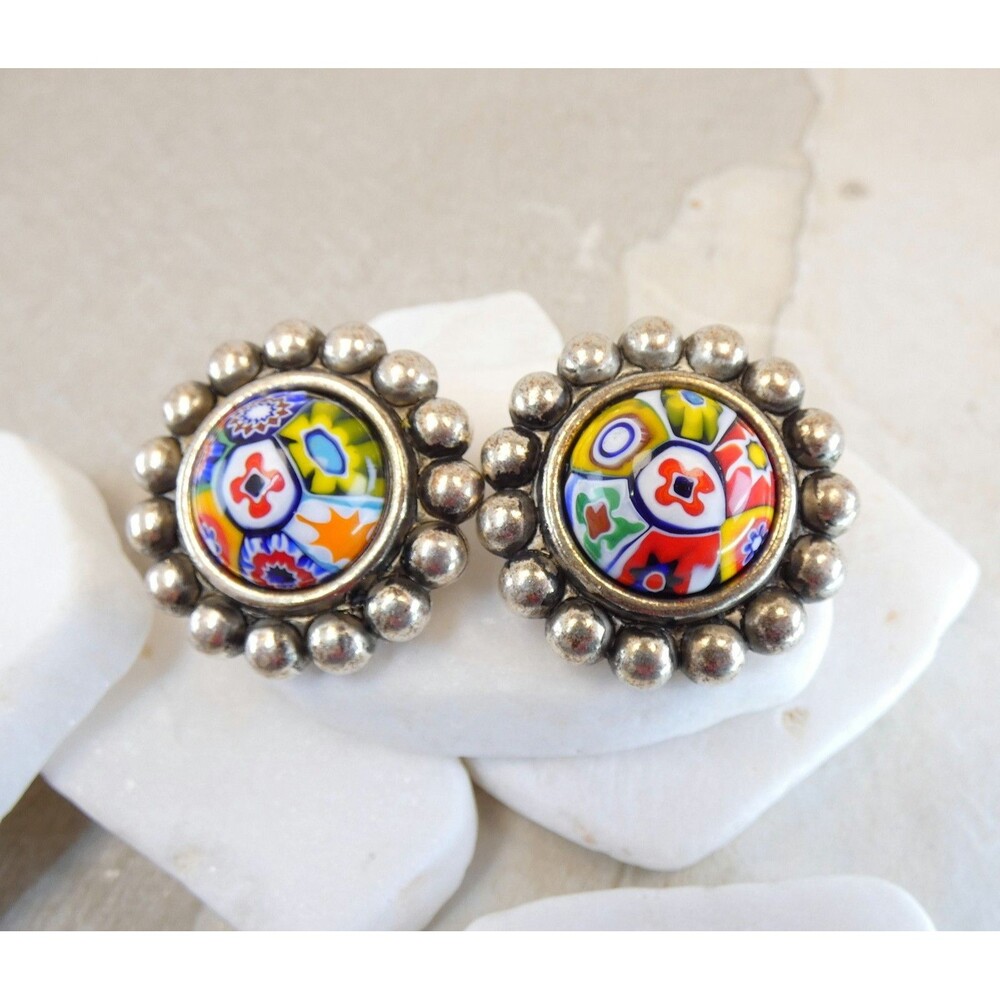 VTG Silver Plated Millefiori Murano Glass Clip-On Earrings Large